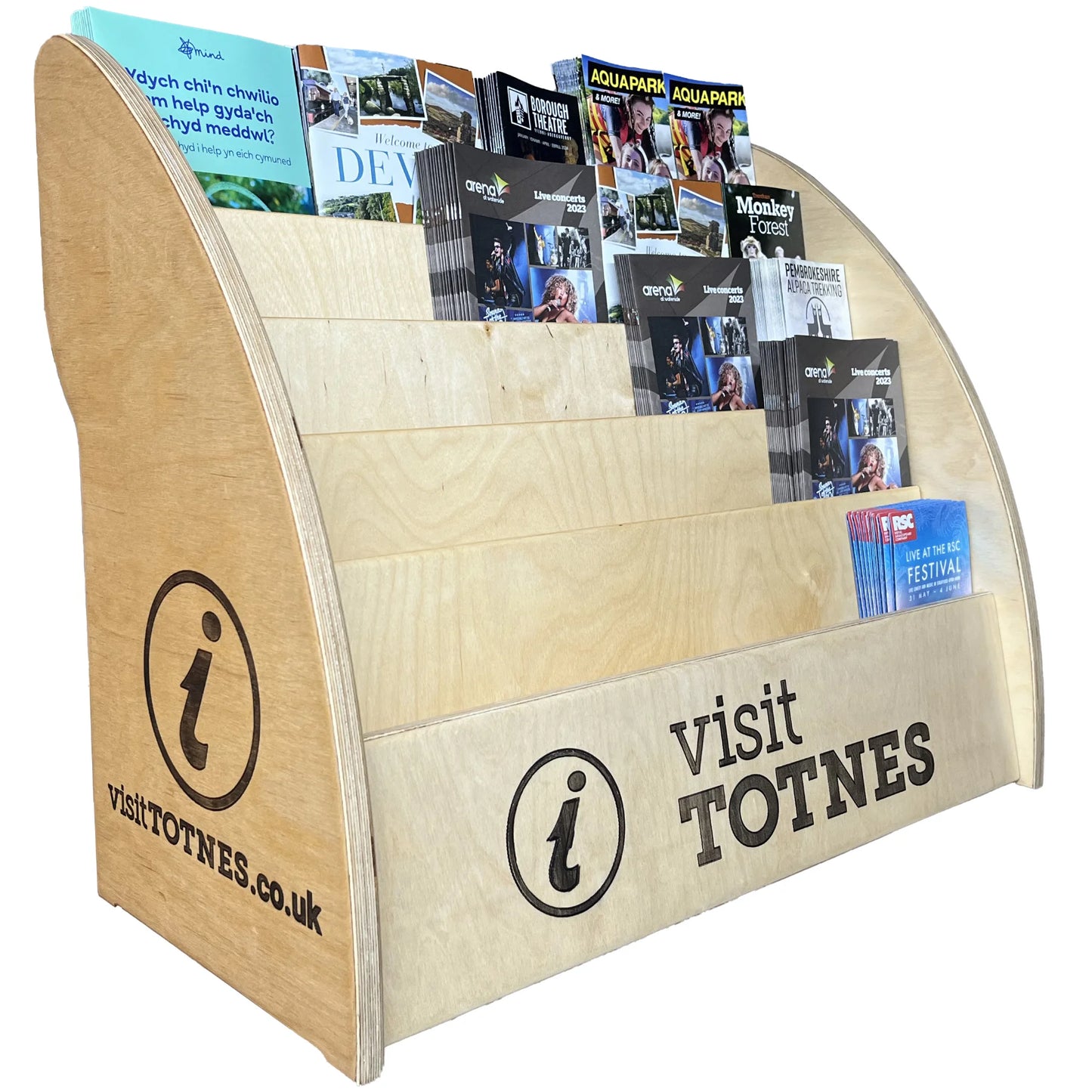 Wooden countertop leaflet display made in wood. With custom engraving, bespoke wood leaflet organiser