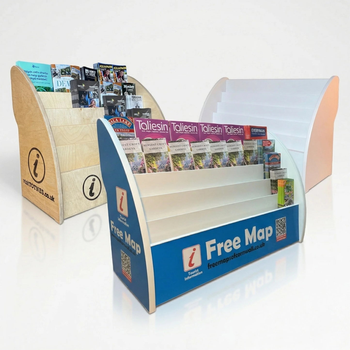 Custom brochures displays in white, wooden and full colour finish