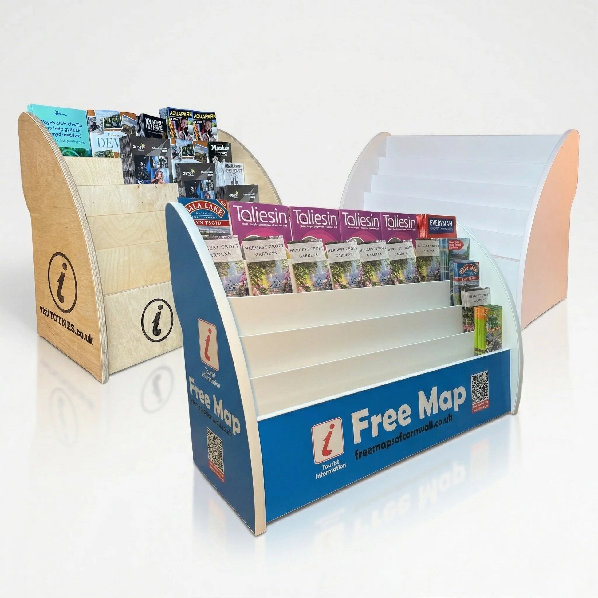 Custom brochures displays in white, wooden and full colour finish