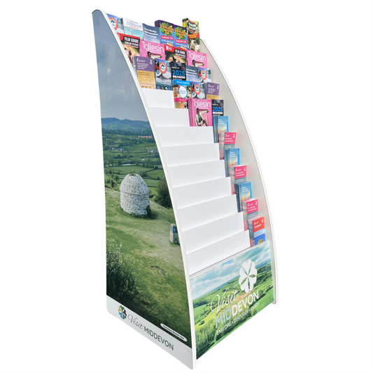 Floor standing leaflet display with custom printed branding example - Visit Mid Devon design made in UK